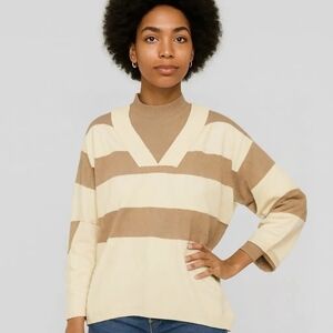 Elegant Tan and Cream Striped Women's Turtleneck Sweater